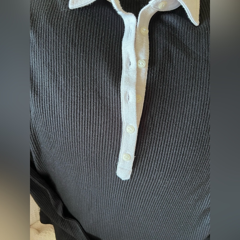 rag & bone Black Ribbed Long-Sleeve Polo Bodysuit with White Collar L - Picture 5 of 6